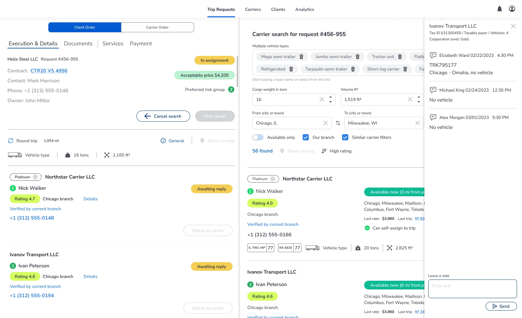 Digital Logistics Platform carrier search for a trip