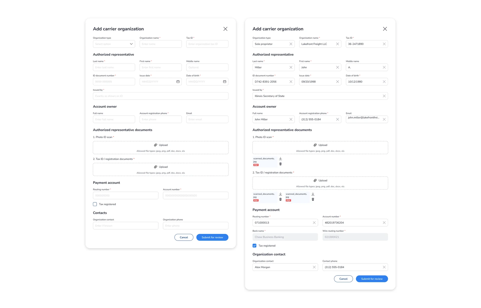 Digital Logistics Platform add carrier organization details