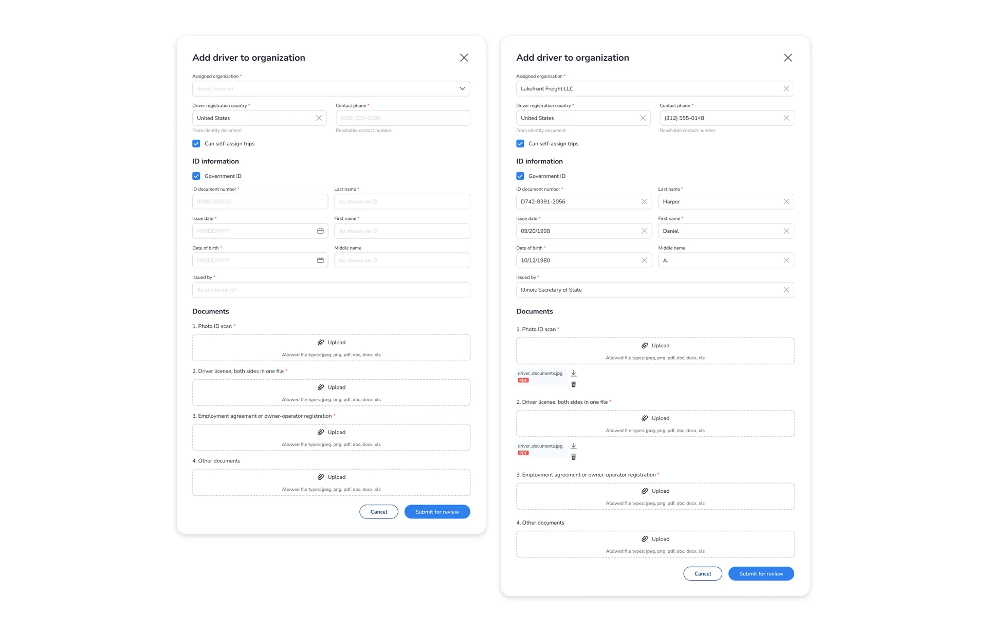 Digital Logistics Platform add driver to carrier organization